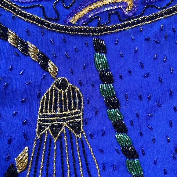 Laurence Kazar Vintage Royal Blue Beaded 100% Silk Evening Blouse Size M - Picture 5 of 10